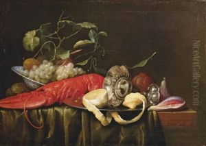 A Lobster, Grapes And Walnuts In A Porcelain Bowl