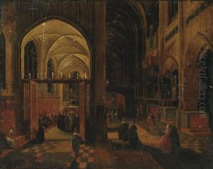 A Gothic Church Interior With Mass Being Celebrated In A Side Chapel