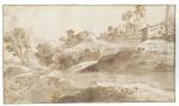 Rugged Italianate Landscapes With Hilltop Farm Buildings - view 1