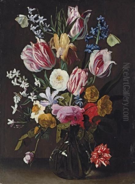 Tulips, Daffodils, Irises And Roses In A Glass Vase - view 1