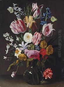 Tulips, Daffodils, Irises And Roses In A Glass Vase by Jan Philip van Thielen