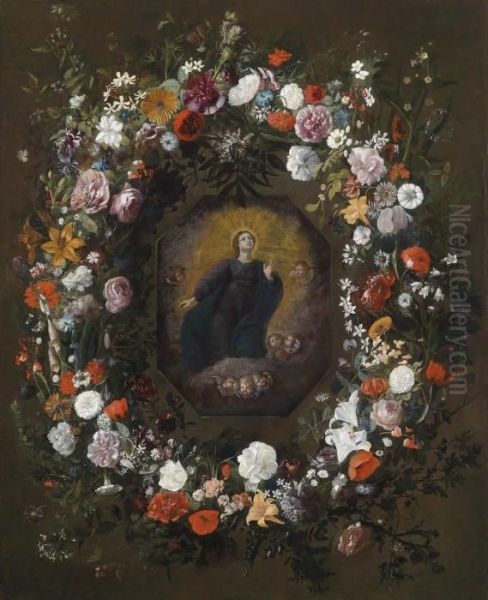 A Floral Garland Surrounding A Cartouche With A Madonna - view 1