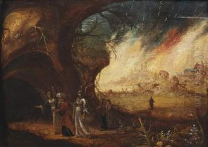 Lot And His Daughters Fleeing Sodom by Rombout Van Troyen