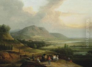 An Extensive Mountainous Landscape With Drovers And Their Herd On A Track