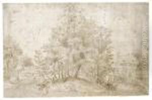 Landscape With Riverside Buildings Behind A Clump Of Trees Landscape With Riverside Buildings Behind A Clump Of Trees