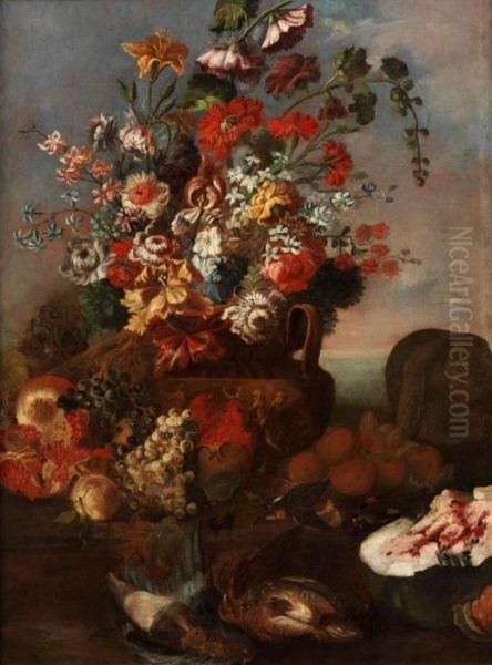 Grosses Blumenstilleben Mit Obst Und Erlegten Wildvogeln - view 1