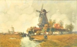 Landscape With Windmills And Figures by Francis William Van Vreeland