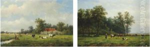 Fishing In A Dyke; And Tending To Cattle In A Pastoral Landscape Fishing In A Dyke; And Tending To Cattle In A Pastoral Landscape