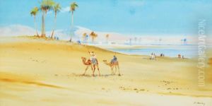Camels In The Desert Coastal Town And Palm Trees