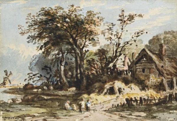 Figures On A Riverbank Before A
Cottage, A Windmill Beyond (illustrated); And Figures On The Edge Of A
Lake Before A Ruined Castle - view 1