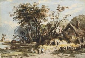 Figures On A Riverbank Before A
Cottage, A Windmill Beyond (illustrated); And Figures On The Edge Of A
Lake Before A Ruined Castle by John Varley