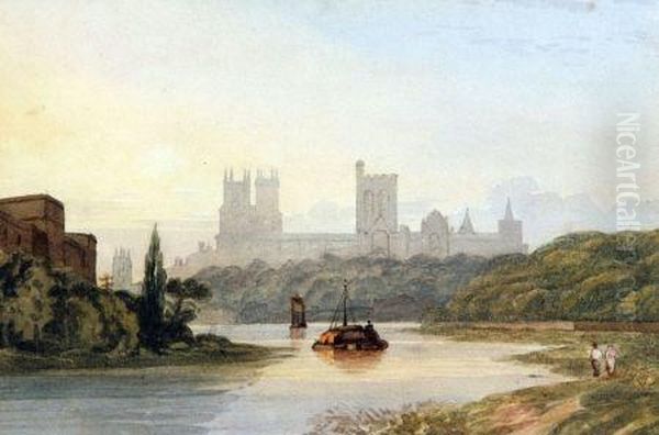 Hay Barge On A River With Cathedral To Distance - view 1