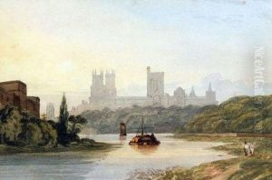 Hay Barge On A River With Cathedral To Distance Hay Barge On A River With Cathedral To Distance