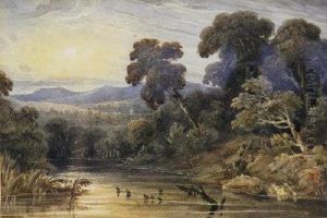 An Extensive Wooded River Landscape At Sunset by John Varley