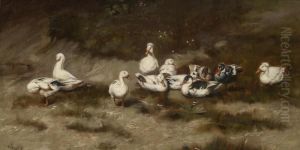 Ducks On The Bank Of A Stream by Geza Vastagh