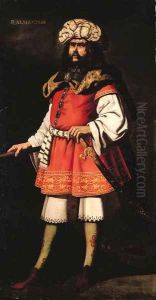 Portrait of King Almanzor, full-length, in a red tunic and fur cape, a sword in his left hand