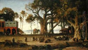 Moonlit Scene of Indian Figures and Elephants among Banyan Trees, Upper India (probably Lucknow) by Johann Zoffany