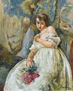 Sitzende Junge Dame Mit Einem Rosenstrauss