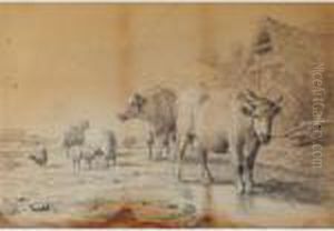Cattle, Sheep And Poultry Grazing By An Outbuilding Cattle, Sheep And Poultry Grazing By An Outbuilding