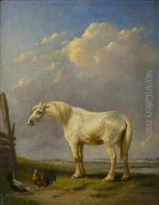 Cavallo Bianco E Due Galline In Un Paesaggio Di Campagna by Eugene Joseph Verboeckhoven