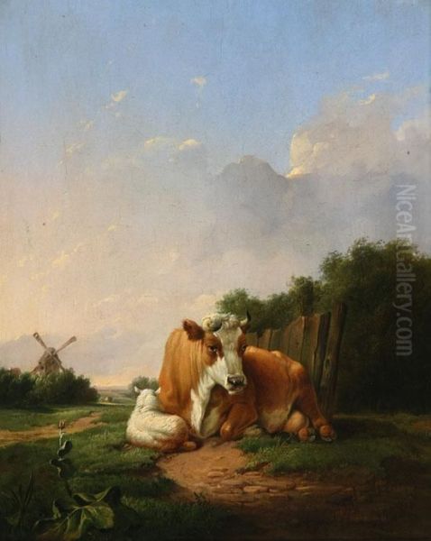 Cow And Sheep Resting In A Landscape With Windmill - view 1
