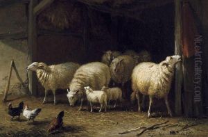 Moutons Et Poules Dans Une Etable by Eugene Joseph Verboeckhoven