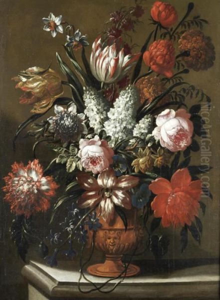 Roses, Tulips, Lilies And Other Flowers In A Terracotta Vase On A Stone Ledge - view 1