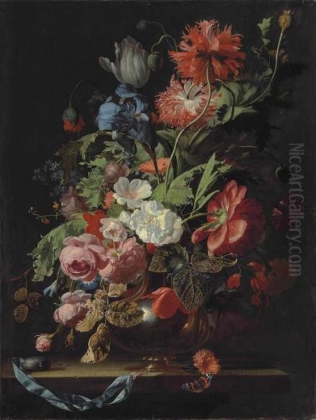 Roses, Tulips, Carnations,
Poppies, Daisies, Morning Glories, An Iris And Other Flowers In A Silver
Vase On A Stone Ledge - view 1
