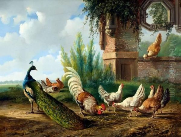 Pauw, Haan En Kippen Bij Een Tuinmuur - view 1