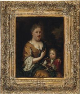 Portrait Of A Lady And Child Holding A Spaniel