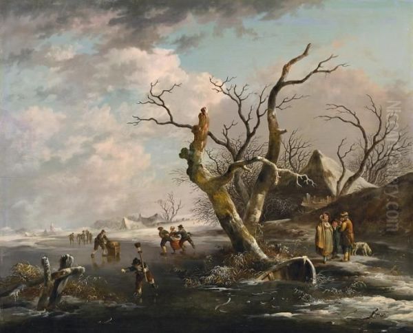 Winterlandschaft Mit Schlittschuhlaufern Und Spaziergangern - view 1
