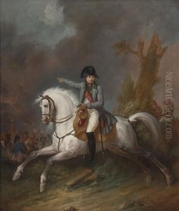 An Equestrian Portrait Of Napoleon With A Battle Beyond by Carle Vernet