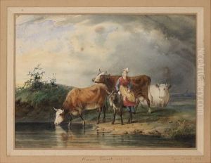 Bergere Et Son Troupeau A La Mare by Horace Vernet