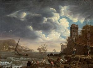 Haleurs De Filets Dans Un Port Mediterraneen Par Gros Temps