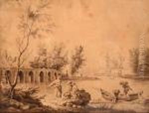 Promeneurs Et Pecheurs Pres D'un Pont