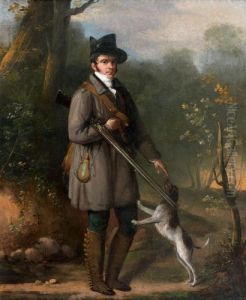 Portrait De Chasseur Avec Son Chien Dans Un Paysage by Jules Vernet