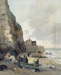 Felsige Kustenpartie In Der Normandie Mit Figurenstaffage. by Emile Louis Vernier