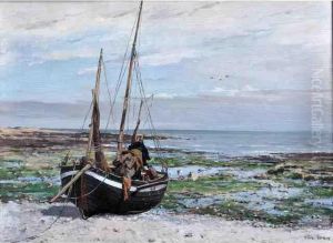 Barque Au Sec Sur La Cote Environsde Fecamp by Emile Louis Vernier