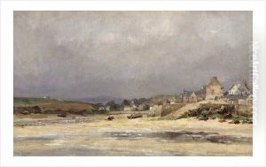 Temps Gris Sur Un Village Breton En Bord De Mer by Emile Louis Vernier