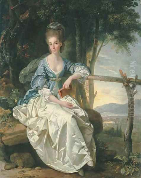 Portrait of Miss Matilda Clevland, small full-length, seated, in a blue and white dress, holding a red book in her left hand, in a Tuscan landscape - view 1