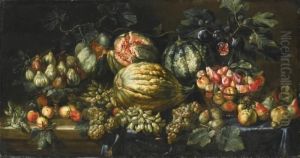 A Still Life With Apples,
Grapes, Pears, Plums, All On A Partly-draped Ledge With Figs On A Dish
And Watermelons by Agostino Verrocchi
