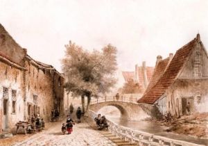 Dorpsgezicht Met Figuren Bij Een Bruggetje