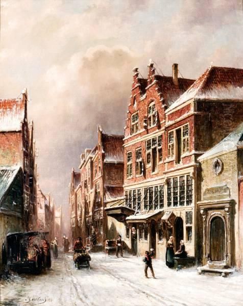 Winters Straatje Met Sneeuwballengooiers En Figuren Bij Een Vuurkorf - view 1