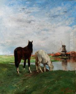 Hollandische Landschaft Mit Zwei Pferden Am Teichufer, Mit Windmuhle Im Hintergrund by Alfred Jacques Verwee