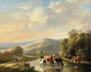 Herder Met Drinkend Vee In Een Zuiders Landschap