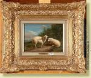 Huilesur Panneau D'acajou "moutons Au Pre". Huilesur Panneau D'acajou "moutons Au Pre".