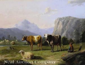 An Alpine Shepherd Amongst His Herd, With A Cow And Steer