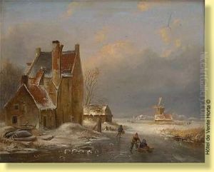 Enfants Et Traineau Sur Un Bras De Mer Gele by Louis Pierre Verwee
