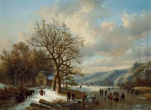 Winterlandschaft Mit Schlittschuhlaufern.