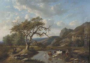 Cattle Crossing A Ford In A Valley With Travellers On A Sandy Tracknearby